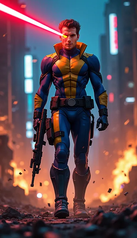 Marvels Cyclops, the unyielding X-Man, standing tall amidst the chaos of a futuristic city nightscape. His iconic blue and gold suit is accentuated by the flickering shadows of the raging fire and neon lights, which cast an eerie glow across the battle-sca...