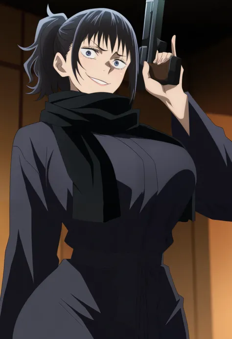 Jujutsu Kaisen screencap anime style a girl with short hair black hair wavy hair fluffy hair ponytail blue eyes wearing a black scarf around neck wearing a black robe wide hips big heavy chest mad face holding gun score_9_up, score_8_up, masterpiece, best ...