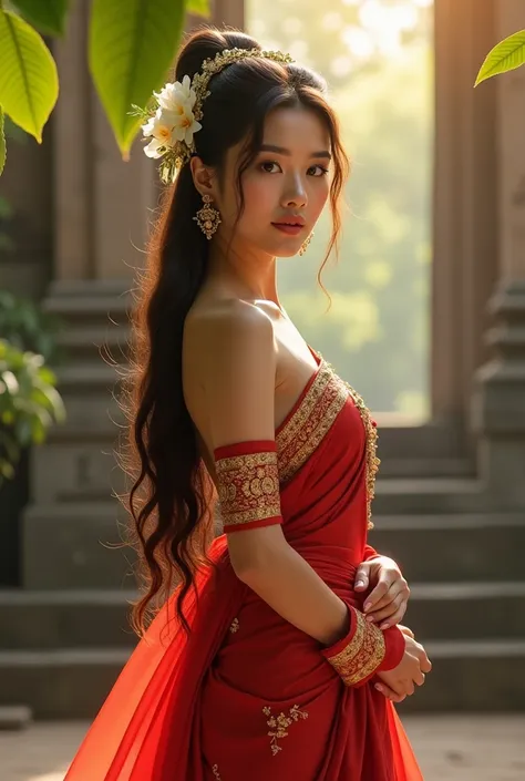 Masterpiece. Beautiful Asian woman wearing traditional Thai dress. Intricately designed and elegant silk fabric draped gracefully over the waist, off shoulder, looking at the camera, large bust: 1.7 with red blouse decorated with intricate embroidery. Her ...