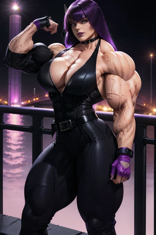 ((Close-up)), tall, (violet purple hair) beautiful muscular woman, long hair with long bangs, white skinned, (smirking), black lipstick, (massive muscles), (hyper muscle), (ginormous bulky muscles), black eyes, ((((hitwoman suit)))), (((assassin pants with...