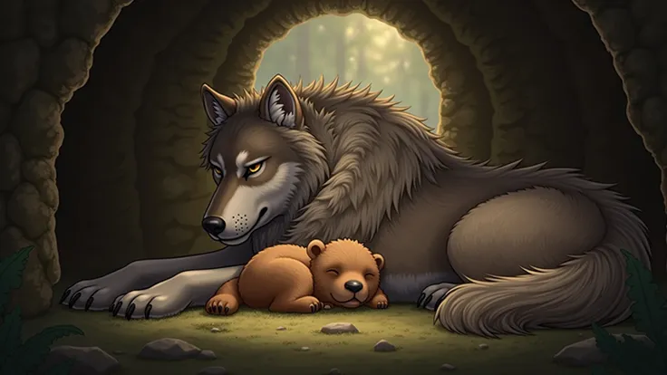 A wolf lies next to a sleeping little bear, There is a soft light in the den .  An atmosphere of safety and tranquility ."