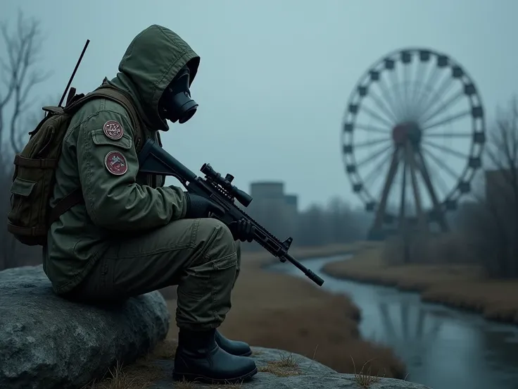 The image shows a stalker from S.t.a.l.k.e.r. Heart of Chernobyl 2 which sits on a large stone and looks into the distant radioactive Pripyat. He wears a camouflage suit with a hood and is wearing a gas mask and a rifle with a telescopic sight and a daypac...