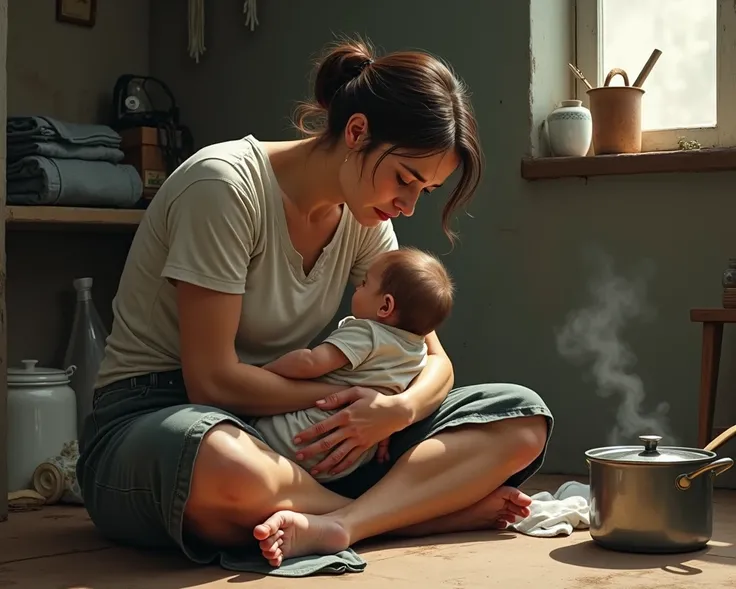 Illustrate a tired mother sitting on the floor holding a baby in one arm, while cooking or folding laundry with the other hand.