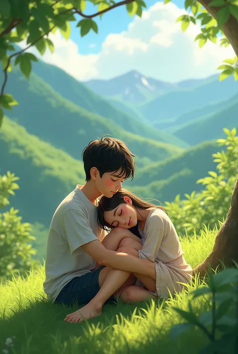 Lover sitting on green mountains boy head is in girl lap