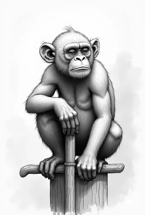 Sketched black and white manga drawing with gradient of a wise warrior monkey perched on his staff looking into the distance