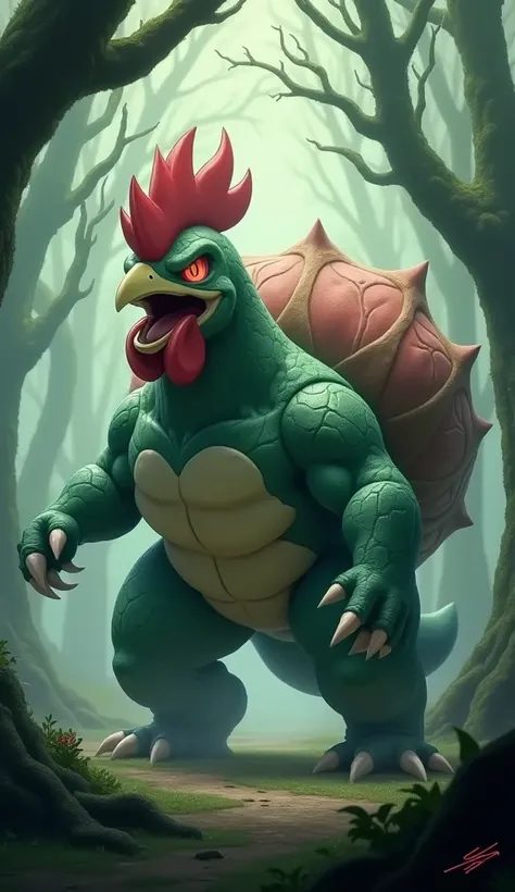 A hybrid fusion between Bulbasaur and monstrous rooster 