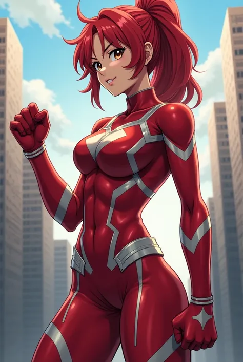  My Hero Academia Style ,   anime girl , woman, young woman ,  full body shot ,( Fighting Stance :1.3),Long Hair, Red Hair,   Brown Eyes , hero suit, Full Body Suit,  red suit with white details, perfect anatomy,  enhanced abs , super detailed,(building:1....