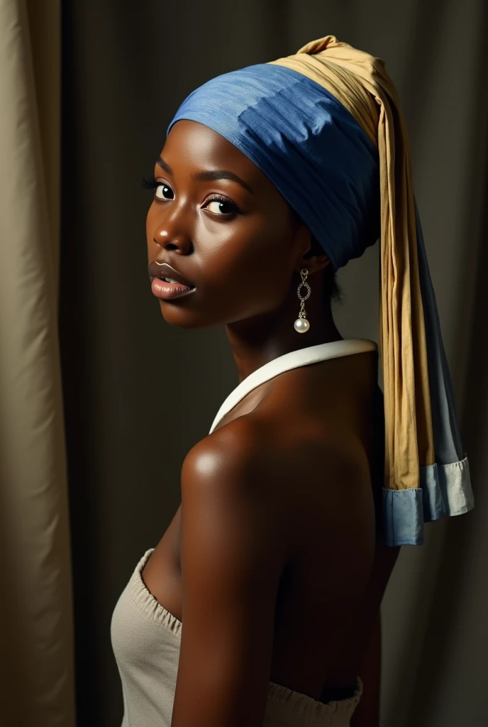  the girl with the pearl earring by Vermeer naked, same position, draped background ,  bare torso, African woman, black, racial change.