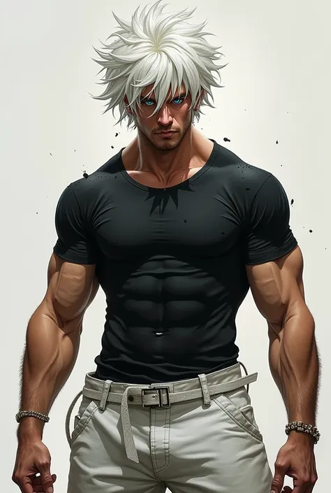 A messy white-haired character wearing a black muscled shirt and white pants with blue eyes 