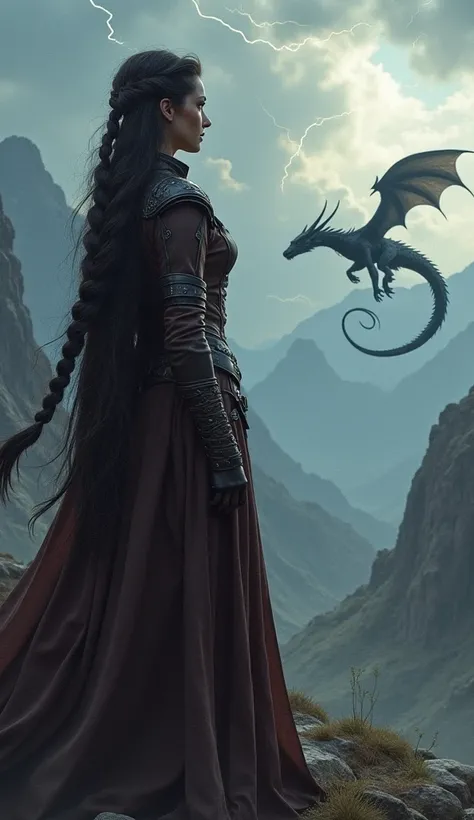 strong fantasy leather clad woman with long dark braided hair with silver tips looking into distance at black dragon flying away from her in distance, mountains and lightning in background, painting