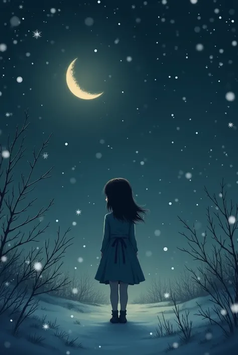 A girl in the dark moon night and falling snow lofi image 