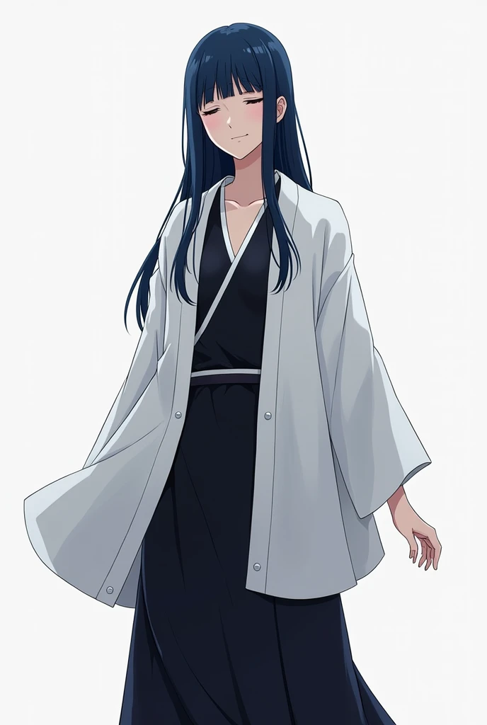 Create a tall woman, Wearing Haori  (Bleach), medium chest, average ass,  with long, straight hair (Cor; Dark blue),  closed eyes ,  Haori is white and is wearing clothes underneath the color black.  Longer body but not so much,  standing in front of . (Se...