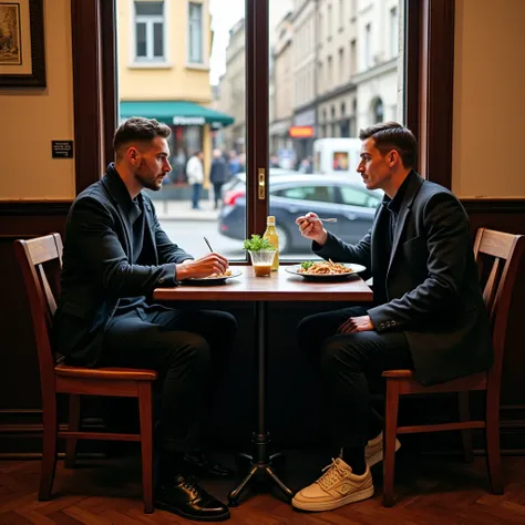 full body view, in a traditional French bistro two young fashionable white men eat cabbage & sausage stew.  They are face to face in front of the window overlooking the street, both brown with fashionable undercuts and wearing fairly short black baggy pant...