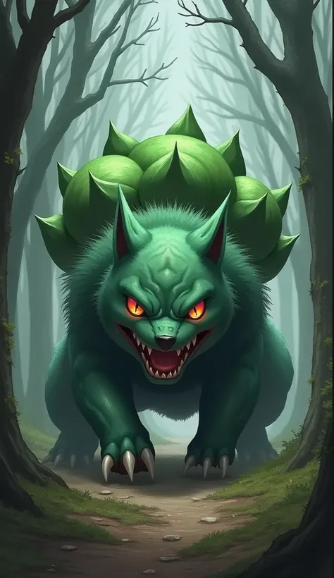 A hybrid fusion between Bulbasaur and monstrous wolf 