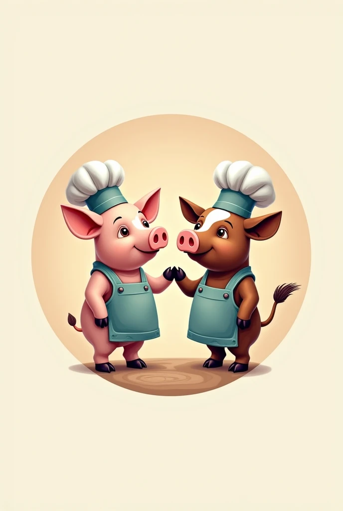 Pig and cow wearing chef costume, made into a circular logo