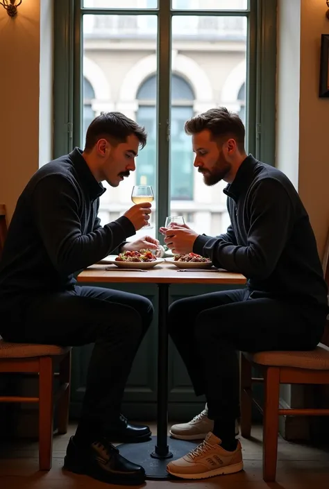 full body view, in winter in a traditional French bistro two young fashionable white men eat cabbage & sausage stew.  They are face to face in front of the window overlooking the street, both brown with fashionable undercuts and wearing fairly short black ...