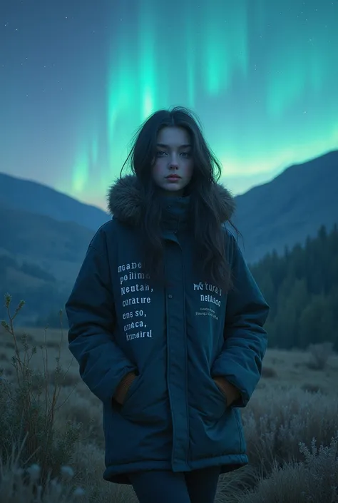 A girl in a beautiful landscape with the northern lights with dark hair and the inscription on the Foreign Pay jacket in English