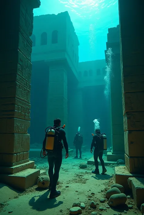 A cinematic-style image showing a team of divers underwater, discovering the ruins of Cleopatra’s palace near Alexandria in 2000. The divers, wearing modern scuba gear, are in the process of carefully examining the ancient stone walls and pillars, which ar...