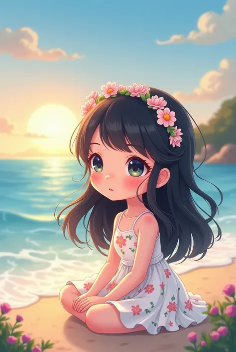 Cartoon girl with long black hair and cute white floral dress with the background of beatiful evening beach