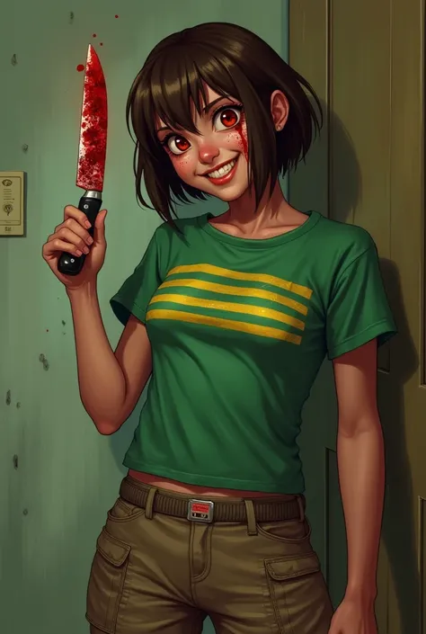 female with red eyes and brown short hair wearing a green sweet shirt with yellow strips on it and shes wearing a brown cargo short while holding a kitchen knife covered in blood and shes smiling a maniacally smile