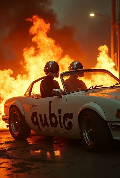 car on fire with two people in the burning seats with daft punk style helmets on with "QUBIC" spray painted on the side door of the car --v 6.0