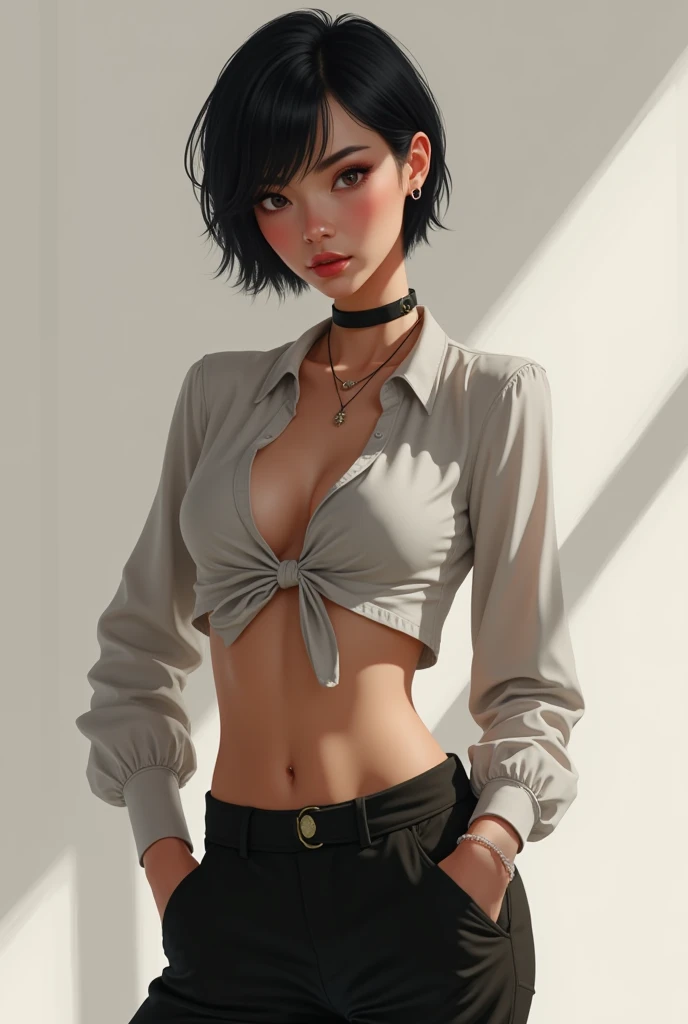  Realistic with short blouse skinny black hair and low waist pants showing the waist 