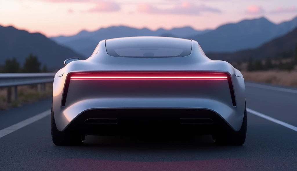 The rear view of a futuristic electric car named tesla model z 2025 showcasing a seamless taillight bar spanning the width of the car, a streamlined trunk design, and a glossy black rear diffuser. The metallic silver body reflects a twilight sky as the car...