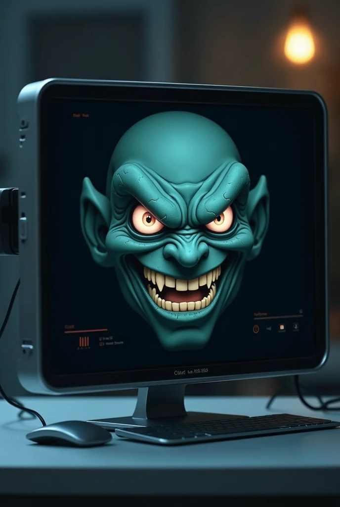 Artificial brain sending videos with an evil face from a computer, ANIMATED CHARACTER