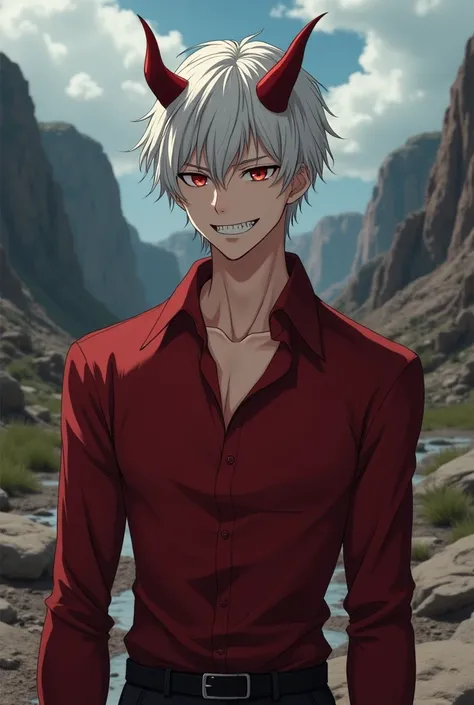 tall young man,  slender but well-defined body, albino hair, albinism, scarlet eyes, disheveled hair, villain look , sadistic smile, Anime villain, 26 years old, Top plane, desolate landscape,  red dress shirt , manly, muscular, Anime husbandando , relaxed...