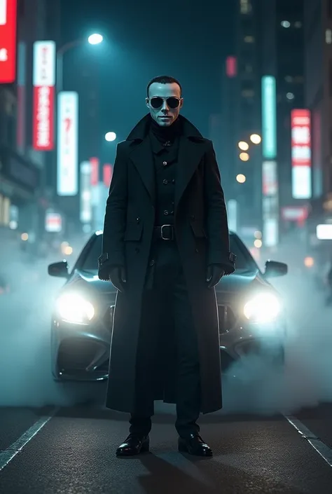  Create a man dressed in a caravel jacket  , white mask with modern sunglasses  , standing in front of a car with lights on in the middle of a street, at night , white smoke setting the scene ,  urban city with light ads .