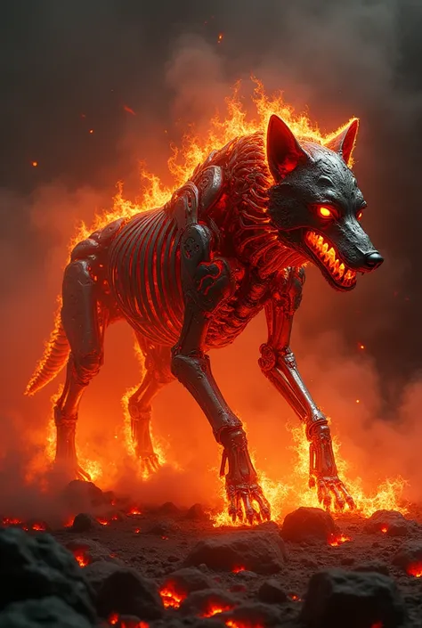 In the image you can see an infernal wolf, its appearance is that of a metallic skeleton of a wolf lit in an intense red fire, inside the wolf skeleton burning lava seems to flow, its head is metallic, when it walks smoke comes out of the ground, the wolf ...