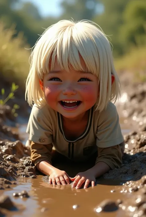 12yo laughing short girl silky white-blonde bob with bangs looking like Sarah of The Last of Us crawling through deep wet mud in an mud-soaked Argentina soccer shirt in sunshine