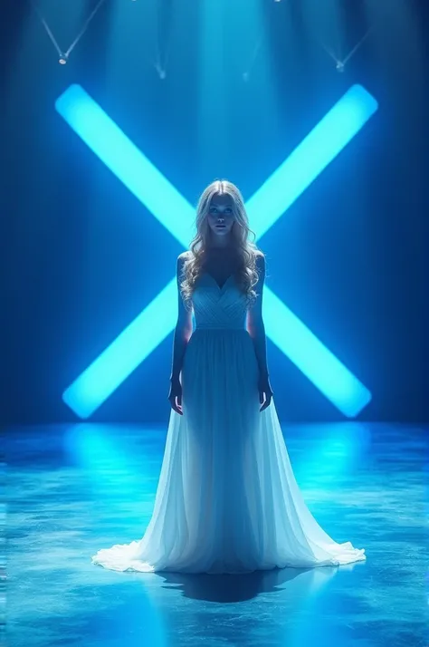  A blonde woman ,  Blue Eyes,  white dress,  on a stage with a bluish floor and light reflections,  behind it a bluish background with spotlights , And a large X with blue and white stripes 