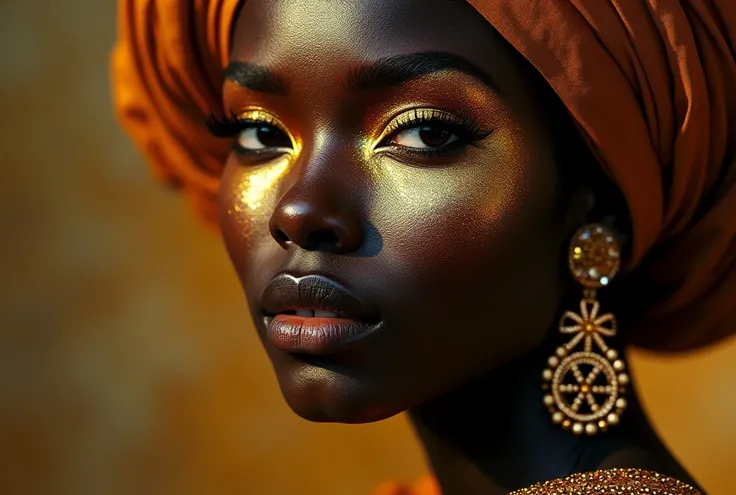 A hyper-realistic closeup portrait of a fantasy African woman with golden shiny black skin, intricate metallic makeup, and an elegantly wrapped Arab turban. Her face is adorned with ornate jewelry accessories, each detail finely rendered to perfection. The...