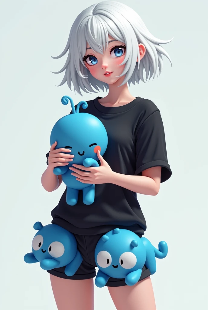 A Roblox character, a woman with white hair, a black shirt and a blue doll in the short blue shirt and with blue dolls in the shorts.