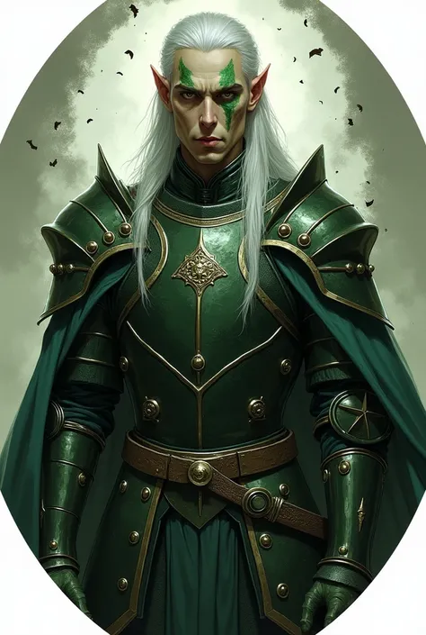 D&D art, Portrait, elf, male, commander, dark green metal full plate, green marks on face, white hair, circular portrait, transparent background, bone sticking out, bones appearing, green mark 
