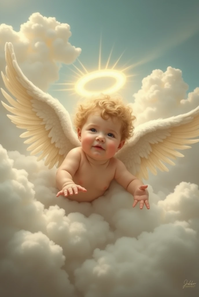 A baby angel ,  in an oil painting ,  with wings and a halo .  He is flying among the clouds. vintage image 