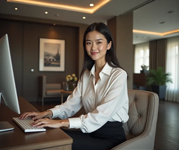 A minimalist YouTube thumbnail design featuring a young woman sitting in front of a computer screen inside a luxurious office. She is focused on creating video clips and writing posts on real estate websites to attract potential home buyers. The woman is d...