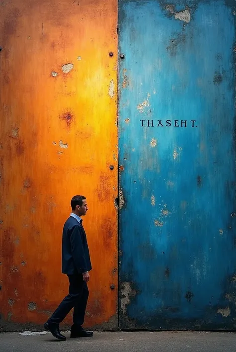  view from the side, two images on the left side with aged copper colors and the one on the right bright but cold colors ,   a vertical line in the middle of the two images the word present and a man on the side walking from the image on the left