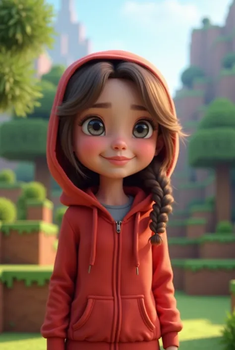 a minecraft girl wearing red hoodie with grey eyes cute face and smile