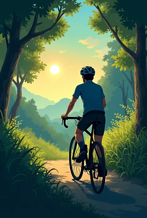 ( bicycle : 1.5), (realistic  bicycle : 1.5), (realistic cyclist: 1.5), Cyclist back in the foreground, lofi landscape, Naturaleza, sun, forest, Of course,   Closed portrait photo by Undergrowth , landscape background, darkness, contrast, Makoto Shinkai ( ...