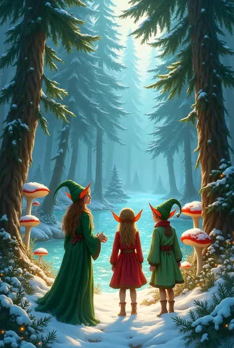 Book cover with elves in the magic Christmas forest