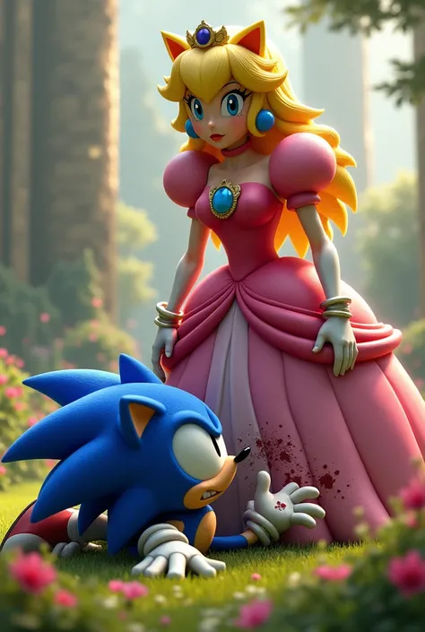 Princess Peach by Mario Brosgana against Sonic the Headshot and Sonic is on the ground wounded and Peach wins