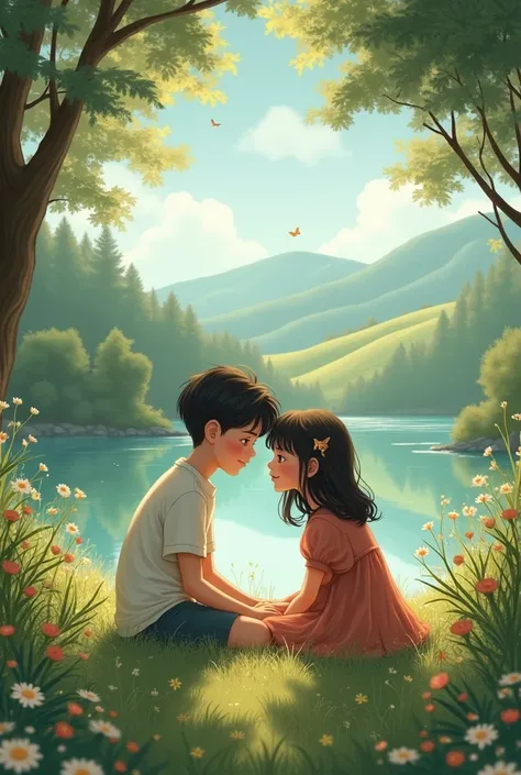 A boy sitting with his girl in a beautiful place