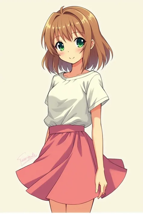 full body, manga anime, Masakazu Katsura style, teenager girl, curtain bangs, green eyes, smile, light brown hair , pink skirt,