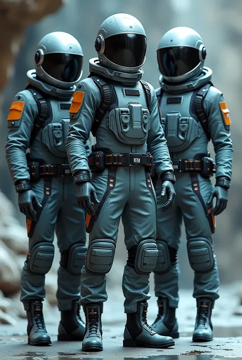  Men wearing cool space-style hats , full set of titanium color , ankle boots ,glove, All features use melamine material , equipped with electronics,Communication equipment , facilities , Lighting ,Camera with helmet ,Whole-body , facing straight front 