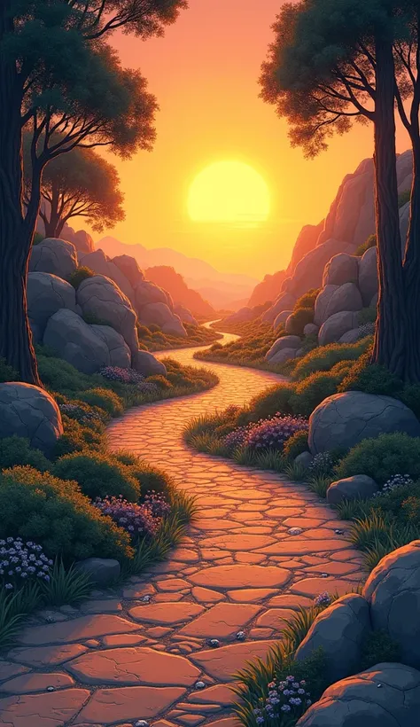 A winding path illuminated by soft, golden light, leading toward a majestic sunrise on the horizon. Along the path, scattered fragments of broken chains and faded photographs lie behind, symbolizing leaving the past behind to embrace a hopeful and boundles...