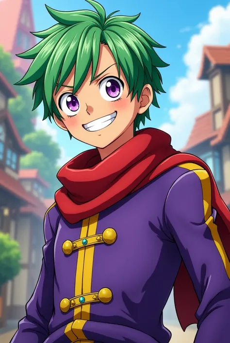  Create a young man from the Centaurus race ,  green hair , outgoing smile , purple eyes, Do you have a red scarf .  Your clothes would be purple with yellow details. inspired by one piece. anime.