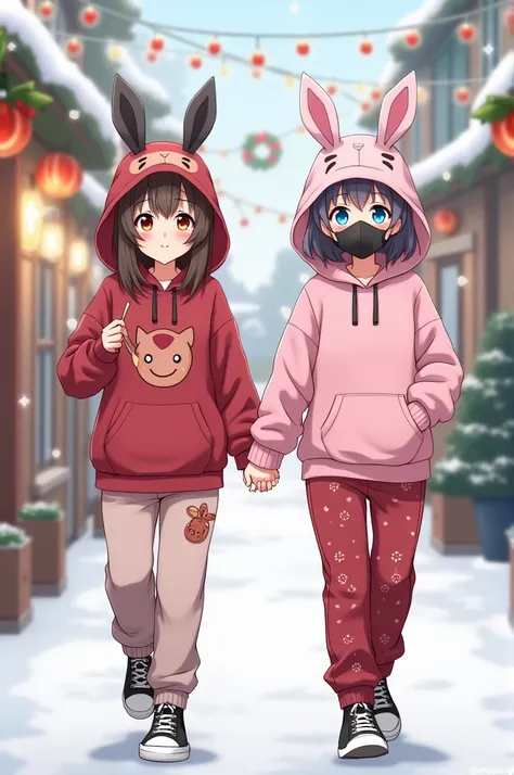  In anime wearing pink hoodies , with bunny ears, black mask ,  sweatpants holding her friends hand with Christmas clothes