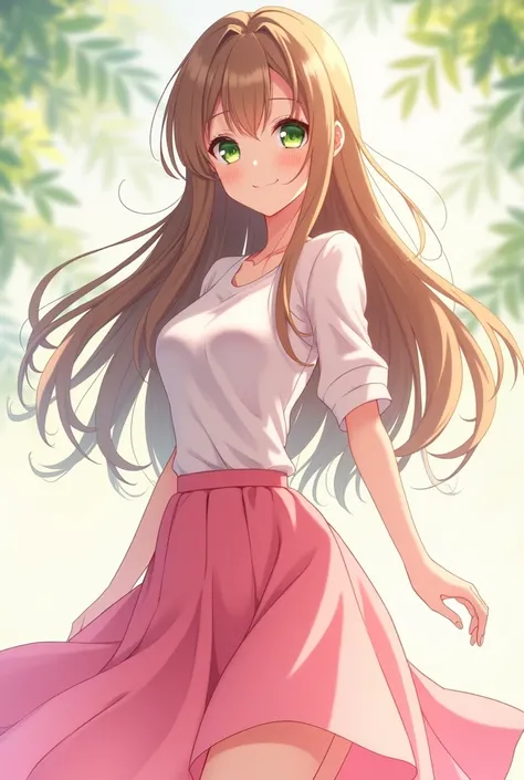 full body, Anime style, adult woman, curtain bangs, green eyes, smile, light brown hair , long hair ,pink skirt,